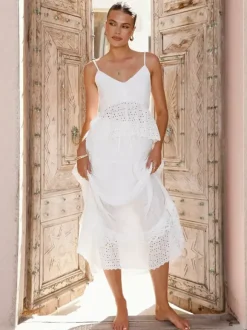 Eyelet Cotton Two Piece Set For Women - White Boho Camisole Tiered Maxi Skirt - Summer Beach Party 2026