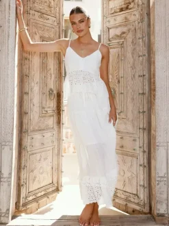 Eyelet Cotton Two Piece Set For Women - White Boho Camisole Tiered Maxi Skirt - Summer Beach Party 2026