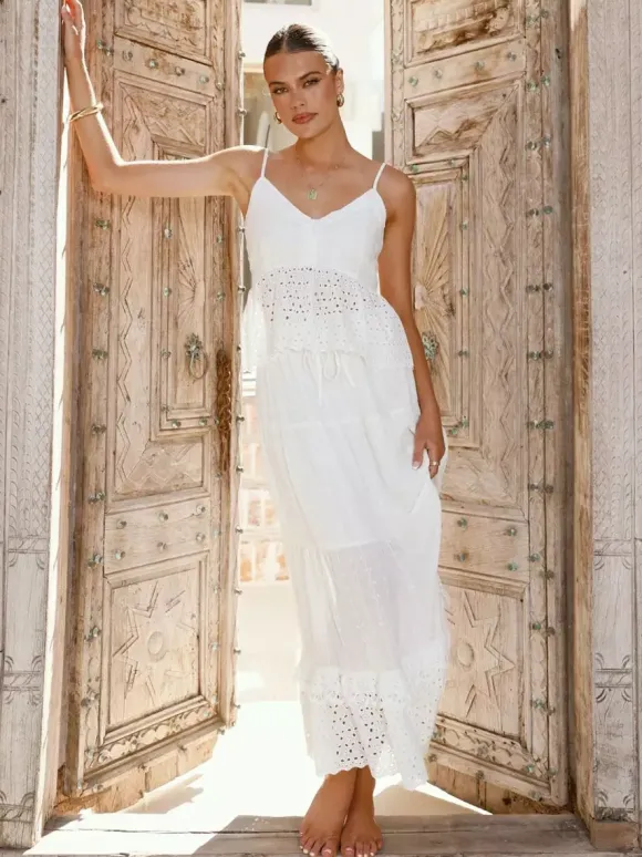 Eyelet Cotton Two Piece Set For Women - White Boho Camisole Tiered Maxi Skirt - Summer Beach Party 2026