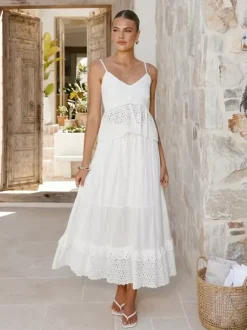 Eyelet Cotton Two Piece Set For Women - White Boho Camisole Tiered Maxi Skirt - Summer Beach Party 2026