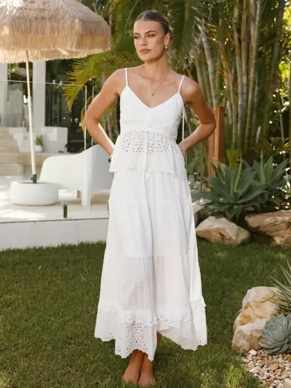 Eyelet Cotton Two Piece Set For Women - White Boho Camisole Tiered Maxi Skirt - Summer Beach Party 2026