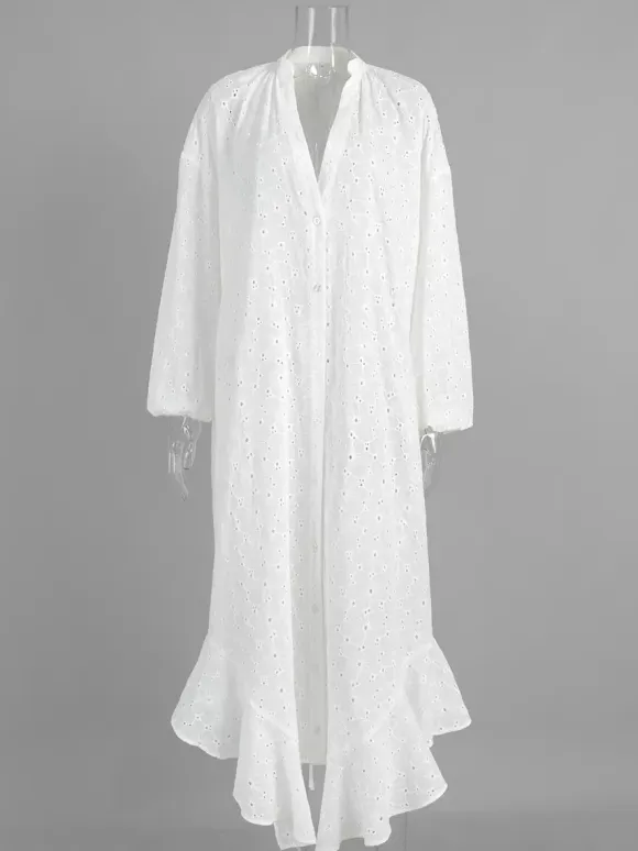Eyelet Embroidery Maxi Dress For Women - White Boho V-Neck Oversized Ruffle Hem Kaftan - Summer Beach Vacation 2026