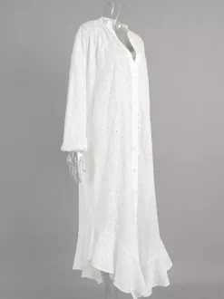 Eyelet Embroidery Maxi Dress For Women - White Boho V-Neck Oversized Ruffle Hem Kaftan - Summer Beach Vacation 2026