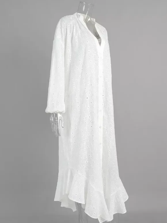 Eyelet Embroidery Maxi Dress For Women - White Boho V-Neck Oversized Ruffle Hem Kaftan - Summer Beach Vacation 2026