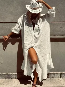 Eyelet Embroidery Maxi Dress For Women - White Boho V-Neck Oversized Ruffle Hem Kaftan - Summer Beach Vacation 2026