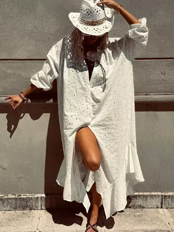 Eyelet Embroidery Maxi Dress For Women - White Boho V-Neck Oversized Ruffle Hem Kaftan - Summer Beach Vacation 2026