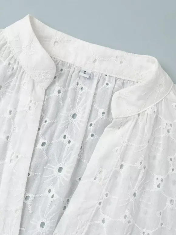 Eyelet Embroidery Maxi Dress For Women - White Boho V-Neck Oversized Ruffle Hem Kaftan - Summer Beach Vacation 2026