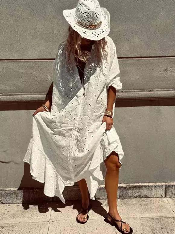 Eyelet Embroidery Maxi Dress For Women - White Boho V-Neck Oversized Ruffle Hem Kaftan - Summer Beach Vacation 2026
