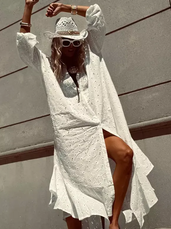 Eyelet Embroidery Maxi Dress For Women - White Boho V-Neck Oversized Ruffle Hem Kaftan - Summer Beach Vacation 2026
