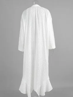 Eyelet Embroidery Maxi Dress For Women - White Boho V-Neck Oversized Ruffle Hem Kaftan - Summer Beach Vacation 2026