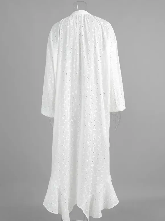Eyelet Embroidery Maxi Dress For Women - White Boho V-Neck Oversized Ruffle Hem Kaftan - Summer Beach Vacation 2026