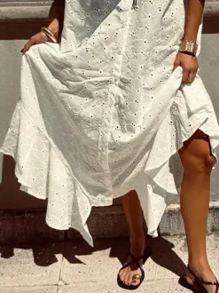 Eyelet Embroidery Maxi Dress For Women - White Boho V-Neck Oversized Ruffle Hem Kaftan - Summer Beach Vacation 2026