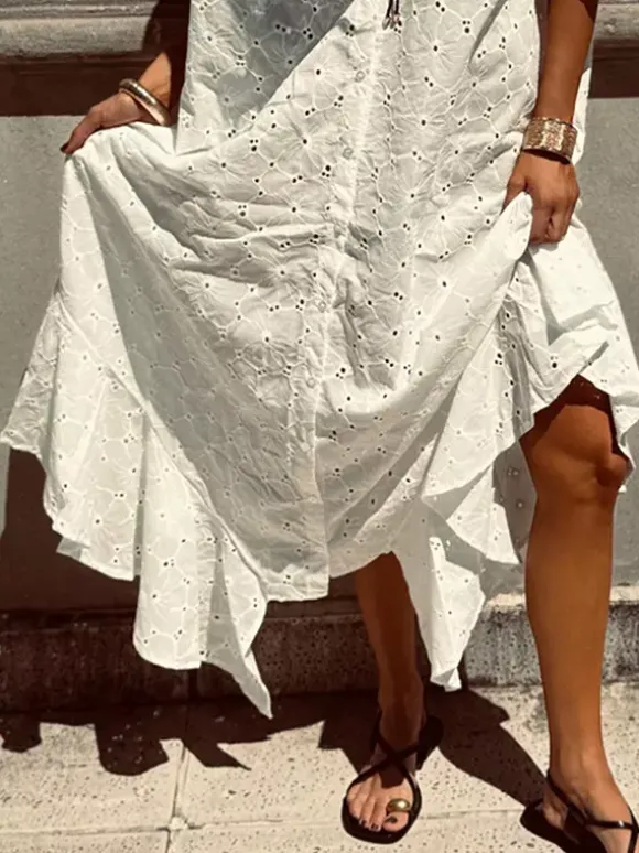Eyelet Embroidery Maxi Dress For Women - White Boho V-Neck Oversized Ruffle Hem Kaftan - Summer Beach Vacation 2026