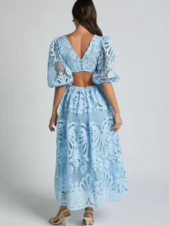 Eyelet Lace Long Tea Dress for Women - Deep V Neck Puff Sleeve A Line Prom Gown - Summer Wedding Guest 2026