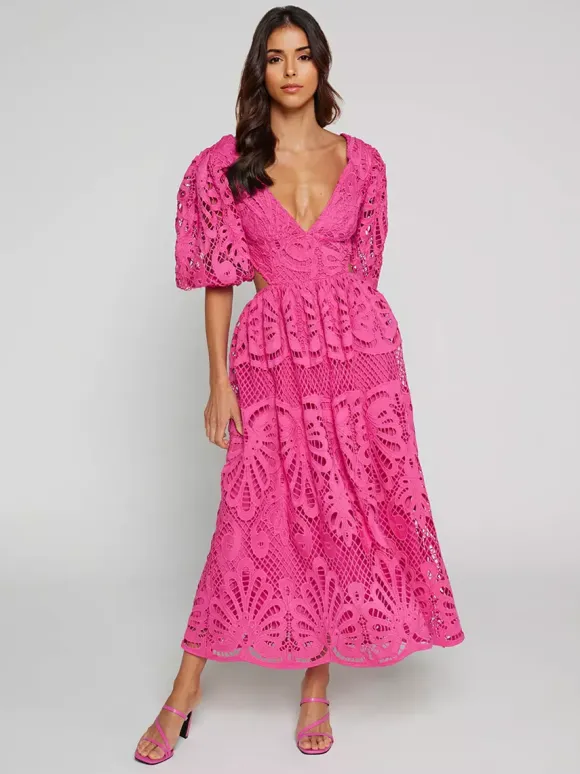 Eyelet Lace Long Tea Dress for Women - Deep V Neck Puff Sleeve A Line Prom Gown - Summer Wedding Guest 2026