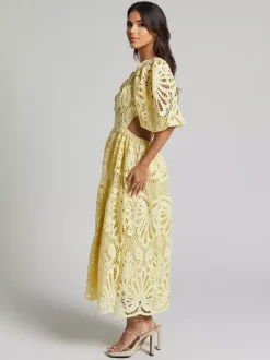 Eyelet Lace Long Tea Dress for Women - Deep V Neck Puff Sleeve A Line Prom Gown - Summer Wedding Guest 2026