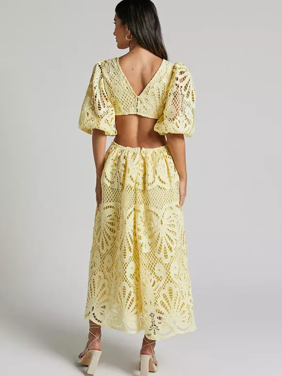 Eyelet Lace Long Tea Dress for Women - Deep V Neck Puff Sleeve A Line Prom Gown - Summer Wedding Guest 2026