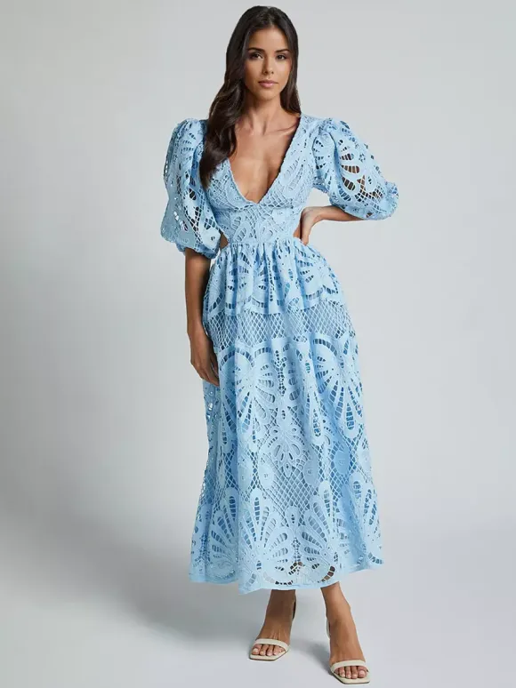 Eyelet Lace Long Tea Dress for Women - Deep V Neck Puff Sleeve A Line Prom Gown - Summer Wedding Guest 2026