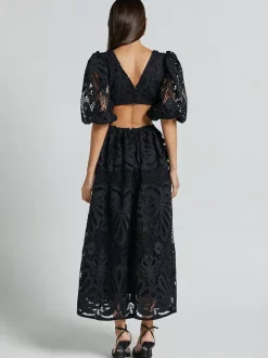 Eyelet Lace Long Tea Dress for Women - Deep V Neck Puff Sleeve A Line Prom Gown - Summer Wedding Guest 2026