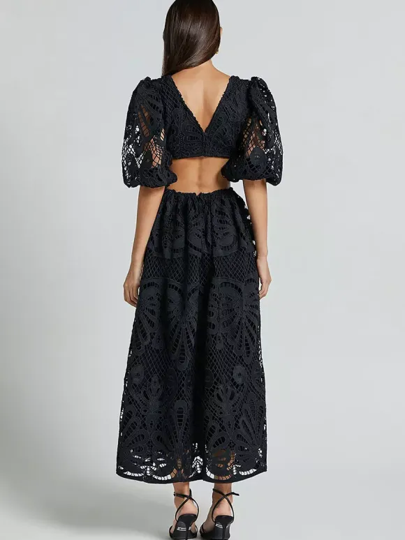 Eyelet Lace Long Tea Dress for Women - Deep V Neck Puff Sleeve A Line Prom Gown - Summer Wedding Guest 2026