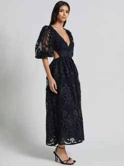 Eyelet Lace Long Tea Dress for Women - Deep V Neck Puff Sleeve A Line Prom Gown - Summer Wedding Guest 2026