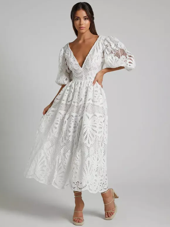 Eyelet Lace Long Tea Dress for Women - Deep V Neck Puff Sleeve A Line Prom Gown - Summer Wedding Guest 2026
