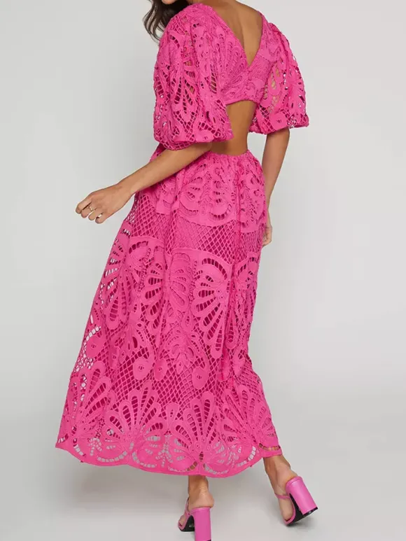 Eyelet Lace Long Tea Dress for Women - Deep V Neck Puff Sleeve A Line Prom Gown - Summer Wedding Guest 2026