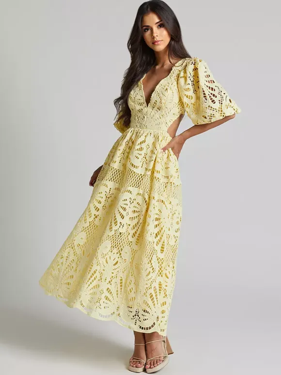 Eyelet Lace Long Tea Dress for Women - Deep V Neck Puff Sleeve A Line Prom Gown - Summer Wedding Guest 2026