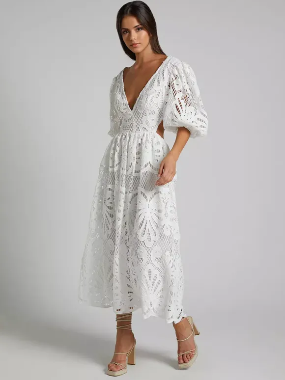 Eyelet Lace Long Tea Dress for Women - Deep V Neck Puff Sleeve A Line Prom Gown - Summer Wedding Guest 2026