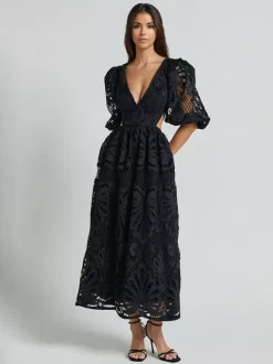 Eyelet Lace Long Tea Dress for Women - Deep V Neck Puff Sleeve A Line Prom Gown - Summer Wedding Guest 2026