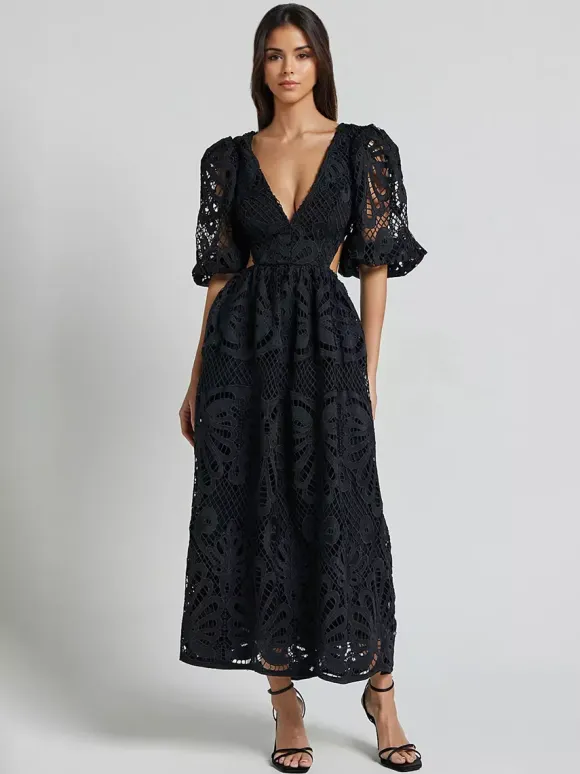 Eyelet Lace Long Tea Dress for Women - Deep V Neck Puff Sleeve A Line Prom Gown - Summer Wedding Guest 2026