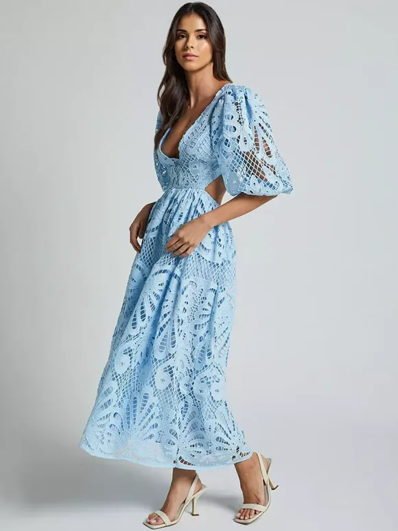 Eyelet Lace Long Tea Dress for Women - Deep V Neck Puff Sleeve A Line Prom Gown - Summer Wedding Guest 2026