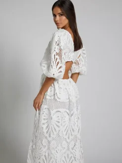 Eyelet Lace Long Tea Dress for Women - Deep V Neck Puff Sleeve A Line Prom Gown - Summer Wedding Guest 2026