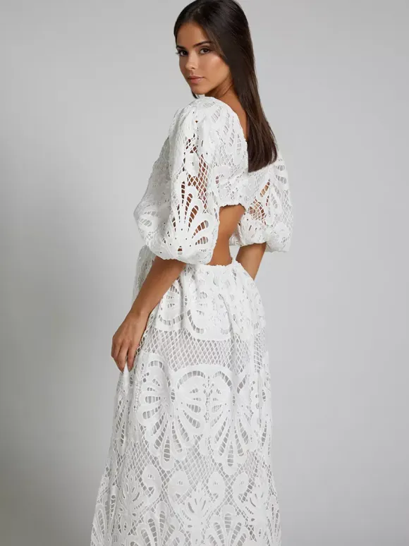 Eyelet Lace Long Tea Dress for Women - Deep V Neck Puff Sleeve A Line Prom Gown - Summer Wedding Guest 2026