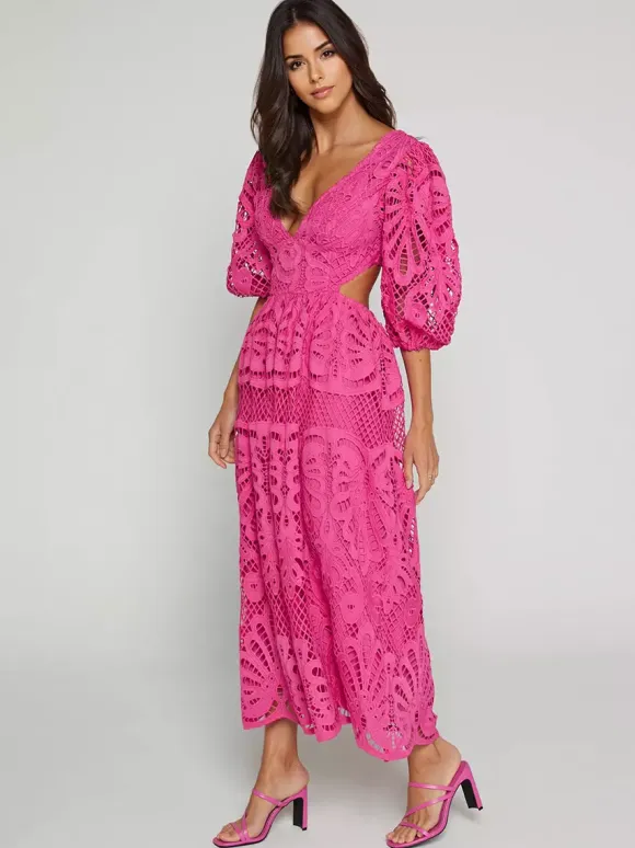 Eyelet Lace Long Tea Dress for Women - Deep V Neck Puff Sleeve A Line Prom Gown - Summer Wedding Guest 2026