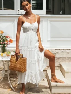 Eyelet Lace Maxi Slip Dress for Women - White Boho Tiered Spaghetti Strap Sun Dress - Summer Beach Resort 2026