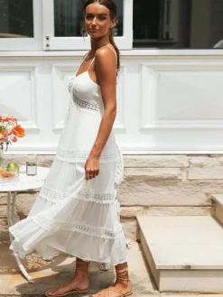 Eyelet Lace Maxi Slip Dress for Women - White Boho Tiered Spaghetti Strap Sun Dress - Summer Beach Resort 2026