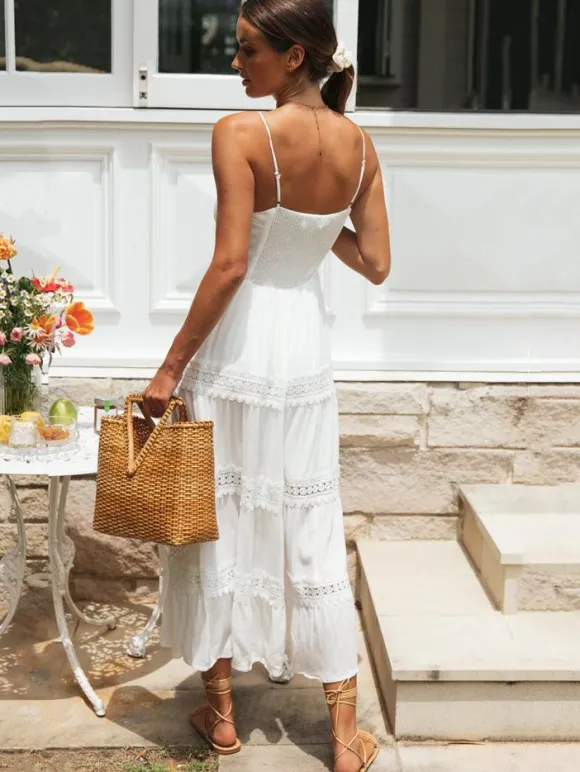 Eyelet Lace Maxi Slip Dress for Women - White Boho Tiered Spaghetti Strap Sun Dress - Summer Beach Resort 2026