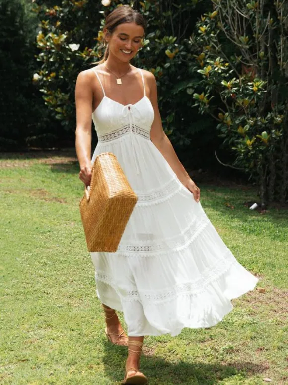 Eyelet Lace Maxi Slip Dress for Women - White Boho Tiered Spaghetti Strap Sun Dress - Summer Beach Resort 2026