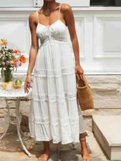 Eyelet Lace Maxi Slip Dress for Women - White Boho Tiered Spaghetti Strap Sun Dress - Summer Beach Resort 2026