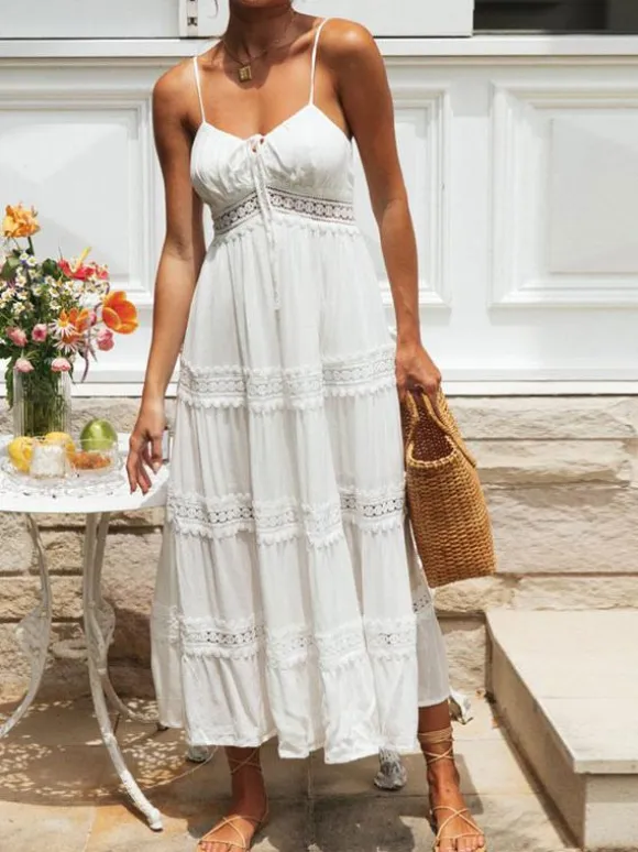 Eyelet Lace Maxi Slip Dress for Women - White Boho Tiered Spaghetti Strap Sun Dress - Summer Beach Resort 2026