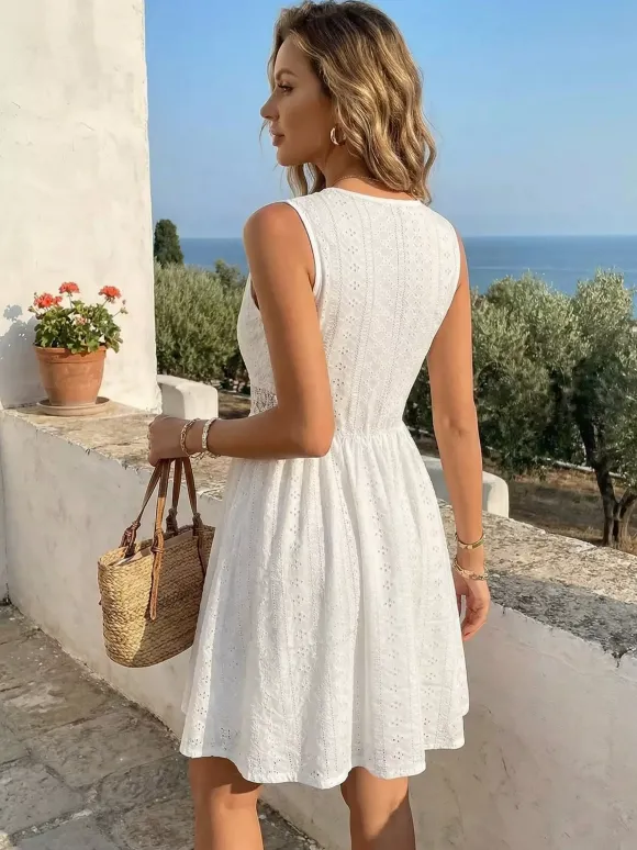 Eyelet Lace Mini Dress for Women - White Boho V Neck Sleeveless Fit and Flare A-Line Sundress - Summer Beach Vacation 2026