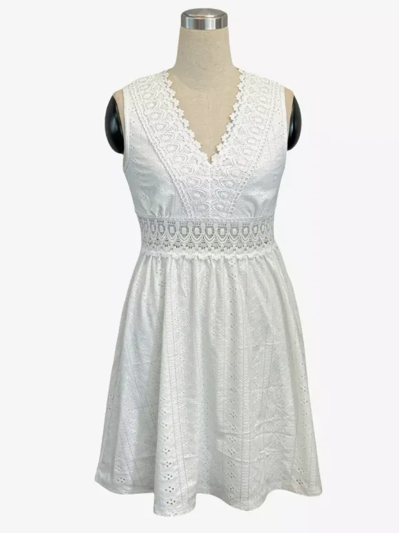 Eyelet Lace Mini Dress for Women - White Boho V Neck Sleeveless Fit and Flare A-Line Sundress - Summer Beach Vacation 2026