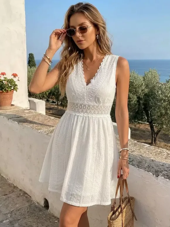 Eyelet Lace Mini Dress for Women - White Boho V Neck Sleeveless Fit and Flare A-Line Sundress - Summer Beach Vacation 2026