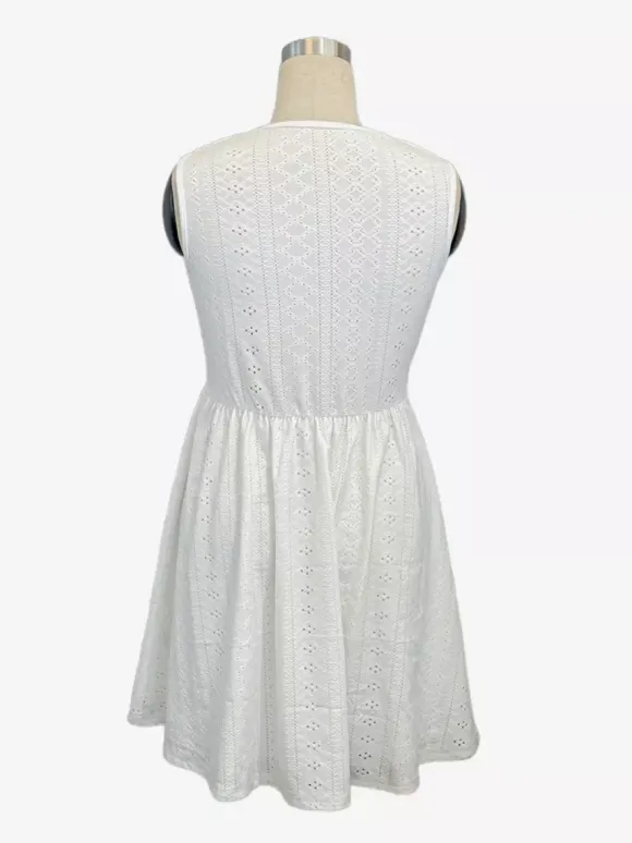Eyelet Lace Mini Dress for Women - White Boho V Neck Sleeveless Fit and Flare A-Line Sundress - Summer Beach Vacation 2026