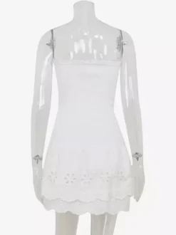 Eyelet Lace Mini Dress For Women - White Smocked Strapless Ruffle Tube Sundress - Summer Beach Vacation 2026
