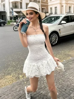 Eyelet Lace Mini Dress For Women - White Smocked Strapless Ruffle Tube Sundress - Summer Beach Vacation 2026