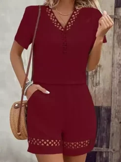 Eyelet Lace Women 2 Piece Set - Solid Color V Neck Top & Shorts Co-ord - Summer Casual Holiday 2026
