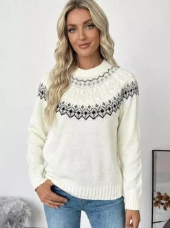 Fair Isle Knitted Jumper High Neck Long Sleeve Pullover For Women 2026