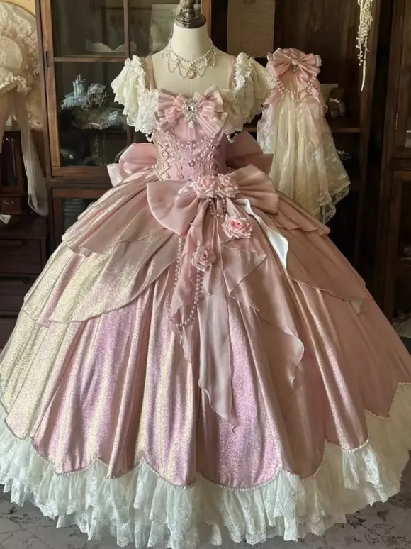 Fairy Lolita Dresses Blue Bows Flowers Ruffles Long Lace Lolita Dresses